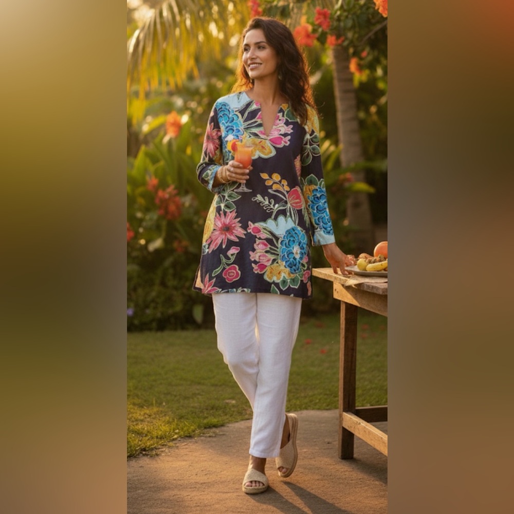 Blue navy kailua kikisol tunic sz S cruise
Beach resort vacation floral tropical